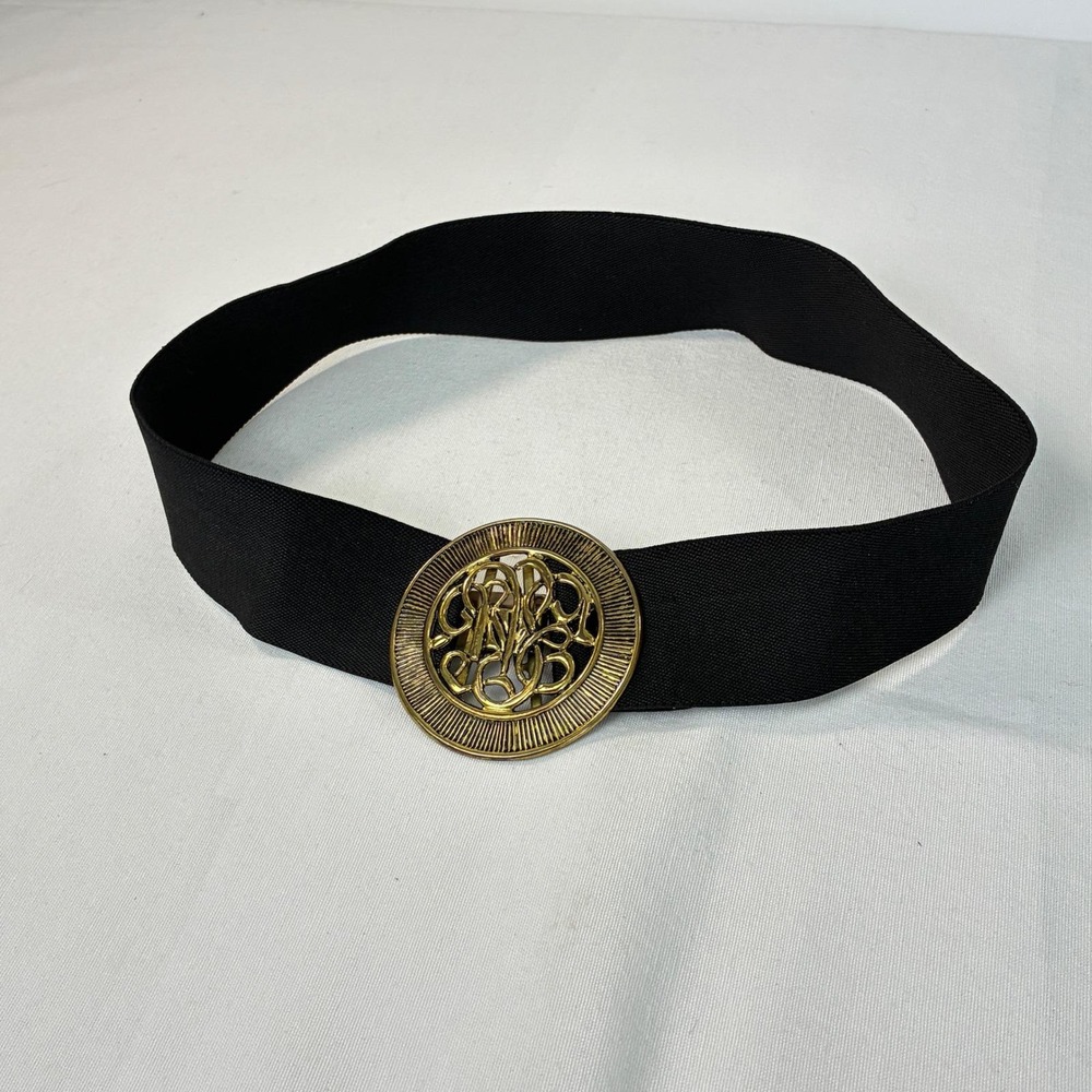 Vtg Gold Tone Filigree Buckle Stretch Belt Womens Black Retro Boho Glam Regency - Picture 3 of 6